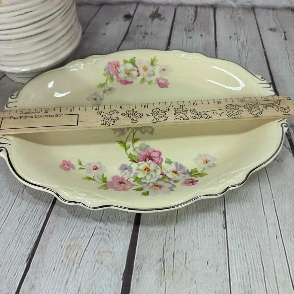 vintage Relish/Gravy Underplate Fluffy Rose 1 (Platinum Trim) by HOMER laughflin